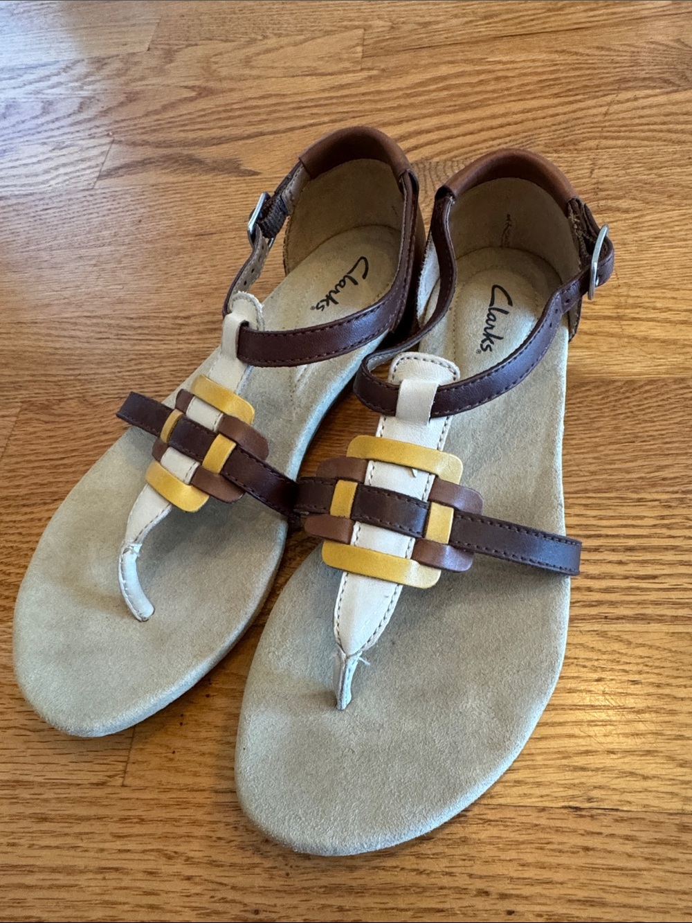 Clarks Brown, Tan and Yellow Leather T-Strap Sandals with buckle